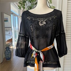 Theory Black Sheer Embroidered Blouse